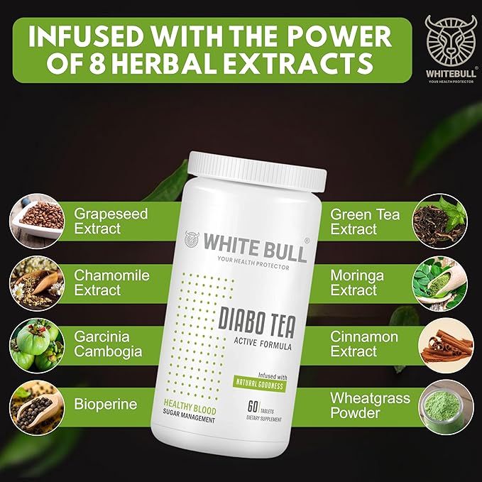 Diabo Tea – Green Tea Extract Blend for Diabetes Care | With Garcinia Cambogia, Moringa, Grape Seed, Cinnamon, Chamomile | Supports Metabolism & Blood Sugar Balance | 60 Tablets | Pack Of 2