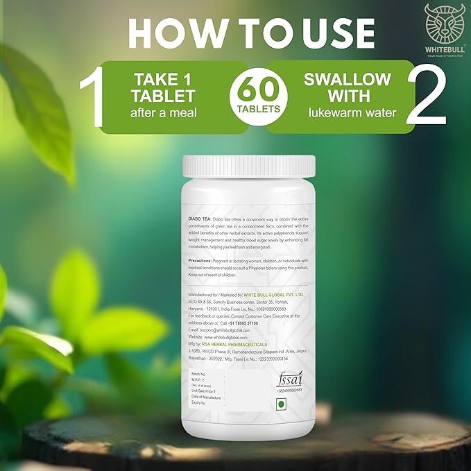 Diabo Tea – Green Tea Extract Blend for Diabetes Care | With Garcinia Cambogia, Moringa, Grape Seed, Cinnamon, Chamomile | Supports Metabolism & Blood Sugar Balance | 60 Tablets | Pack Of 2