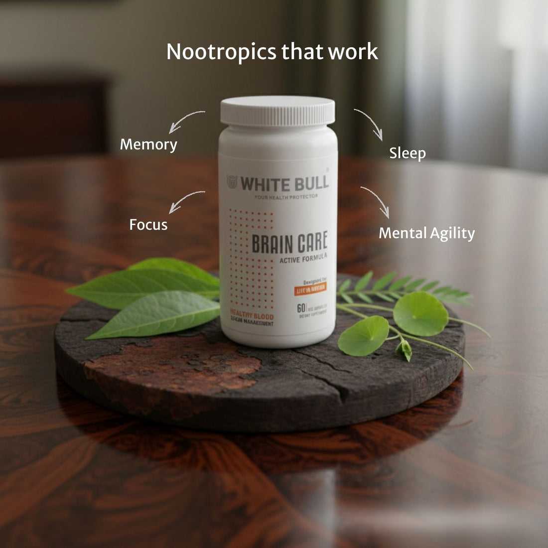 Brain Care | Herbal Brain Support Tablets for Memory Focus Cognitive Wellness With Ginkgo Biloba 1000mcg | Vegetarian Gluten & Paraben Free | 60 Capsules