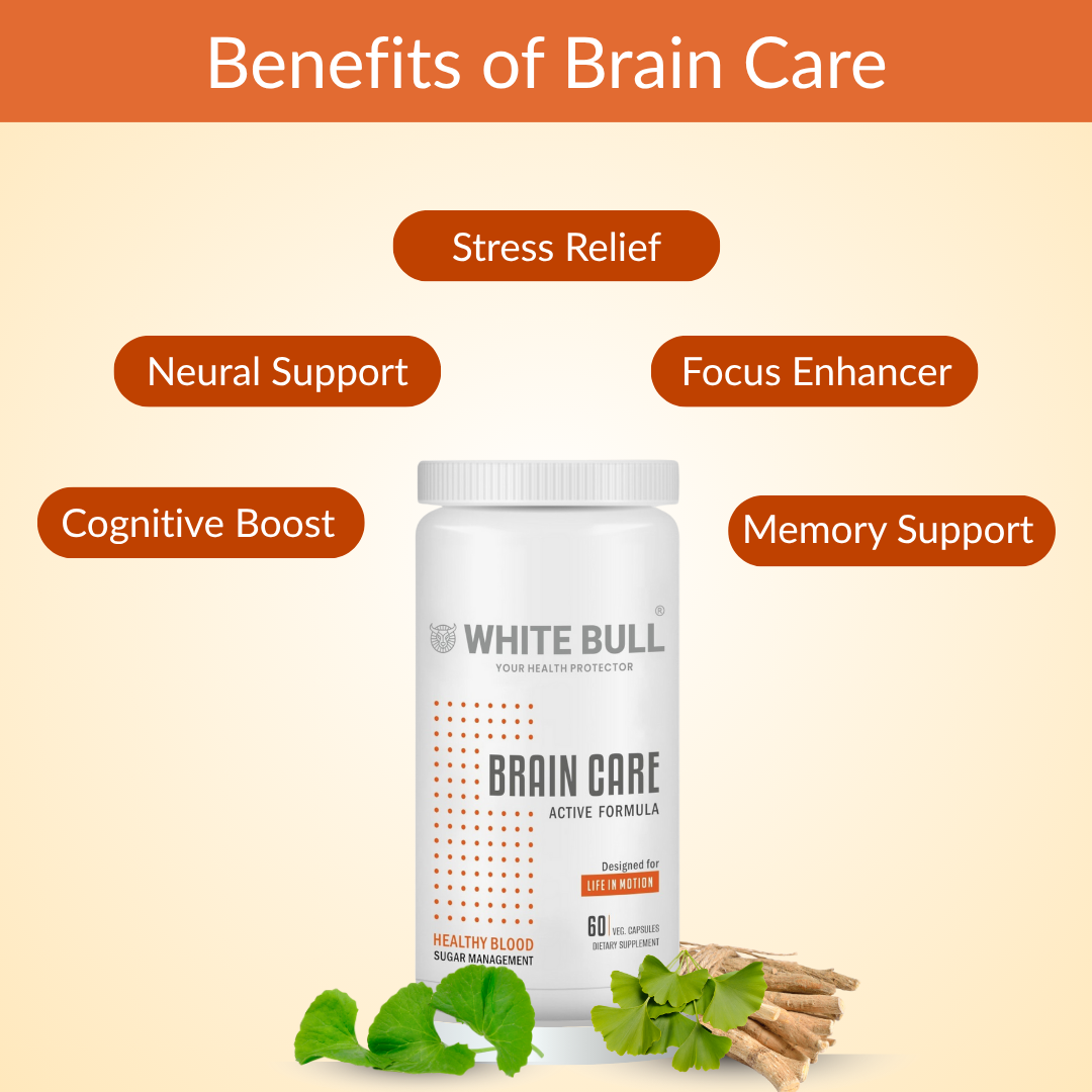 Brain Care | Herbal Brain Support Tablets for Memory Focus Cognitive Wellness With Ginkgo Biloba 1000mcg | Vegetarian Gluten & Paraben Free | 60 Capsules