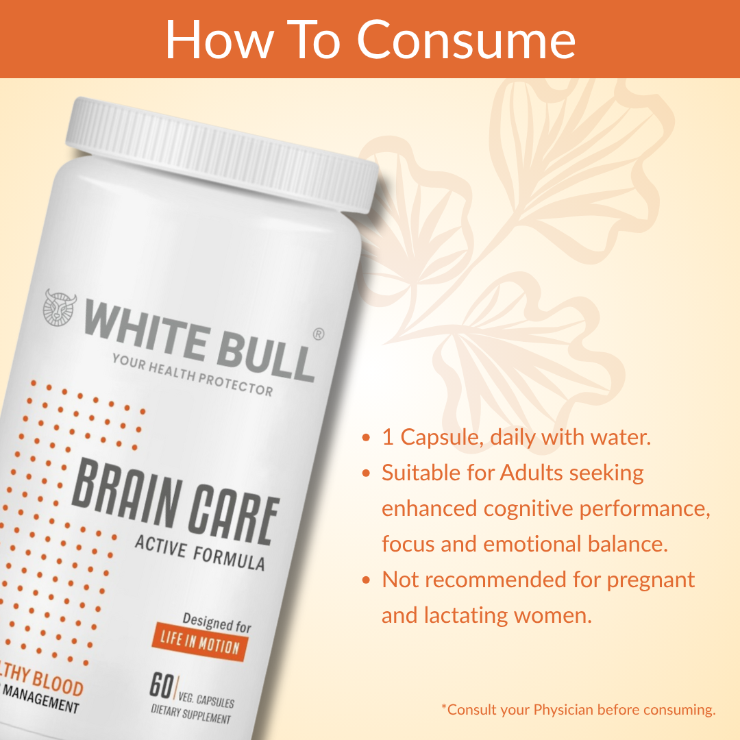 Brain Care | Herbal Brain Support Tablets for Memory Focus Cognitive Wellness With Ginkgo Biloba 1000mcg | Vegetarian Gluten & Paraben Free | 60 Capsules