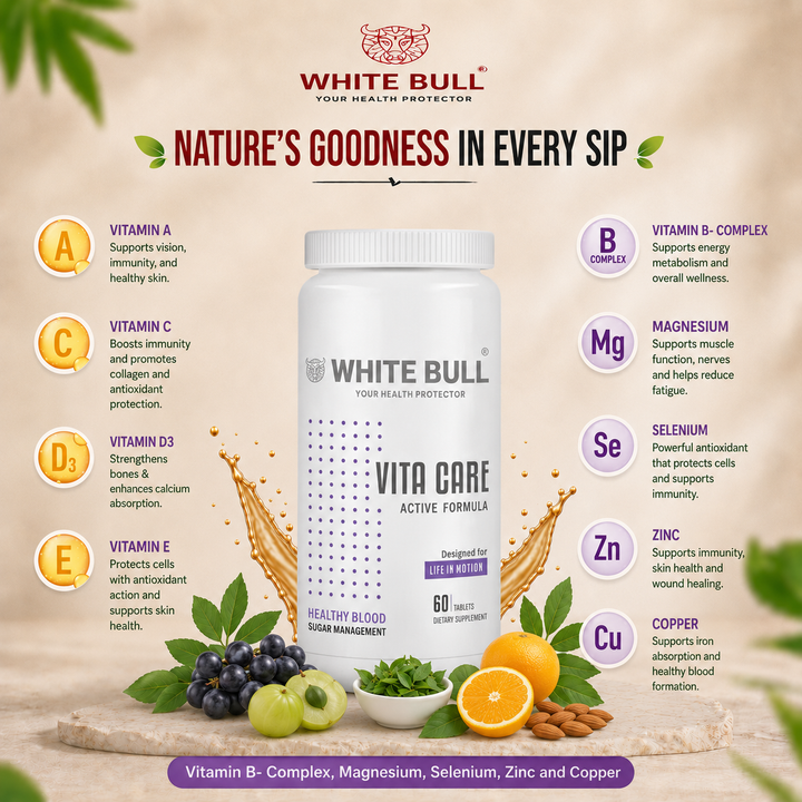 WHITE BULL Vita Care – Multivitamin for Diabetes Support | Enhances Insulin Production & Healthy Metabolism | With Essential Vitamins, Minerals & Antioxidants | 60 Tablets | Pack Of 1