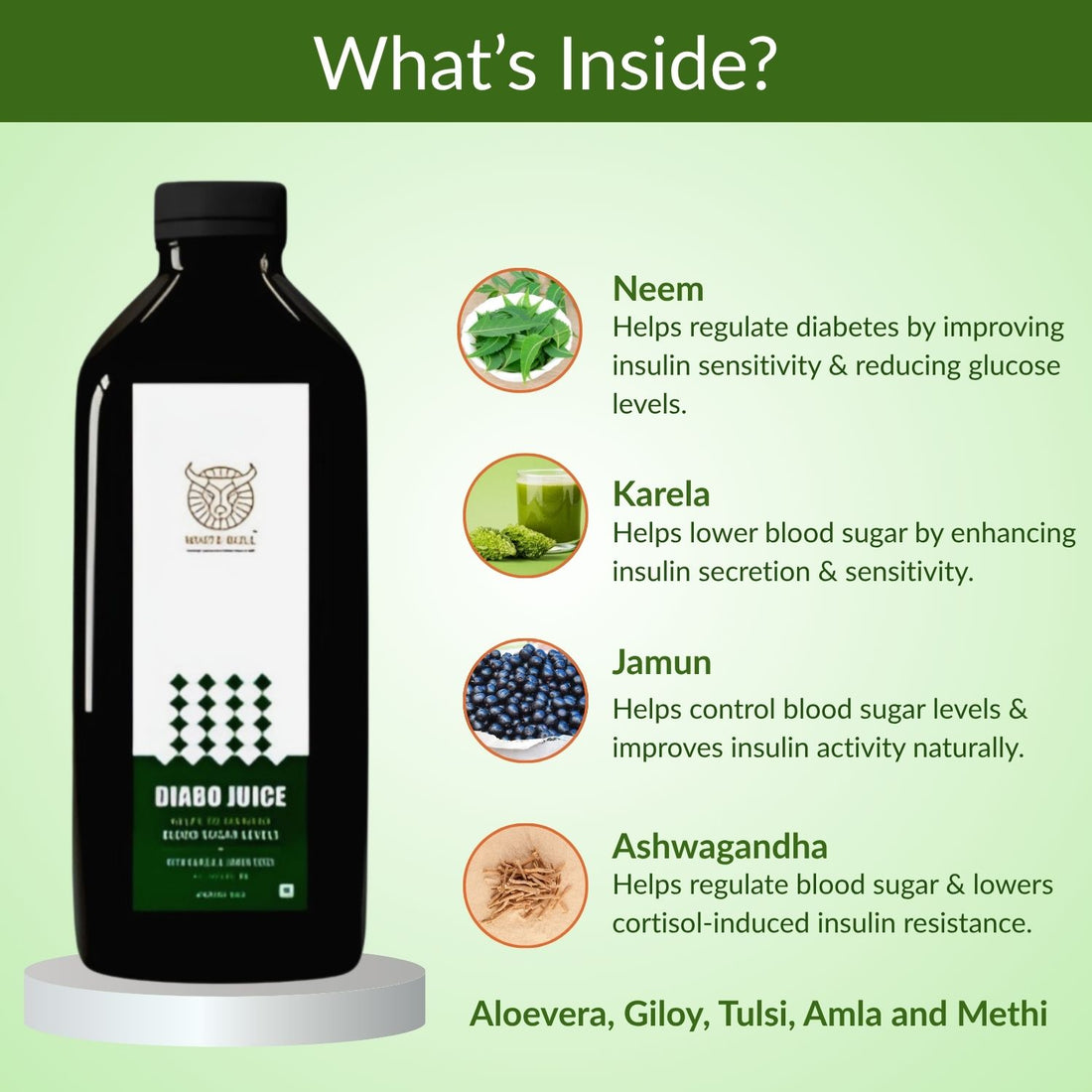 Diabo Juice – Natural Herbal Blend for Diabetes Care | With Neem, Karela, Jamun, Aloe Vera, Vijaysar, Gurmar, Methi & More | Supports Blood Sugar Balance & Metabolism | 100% Natural | 1L Bottle