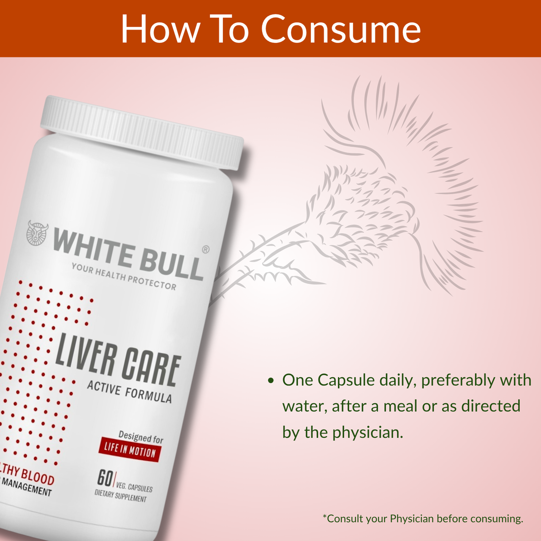 WHITE BULL Liver Care – Supplement for Liver Health | Milk Thistle, L-Glutathione, CoQ10  (60 Capsules)
