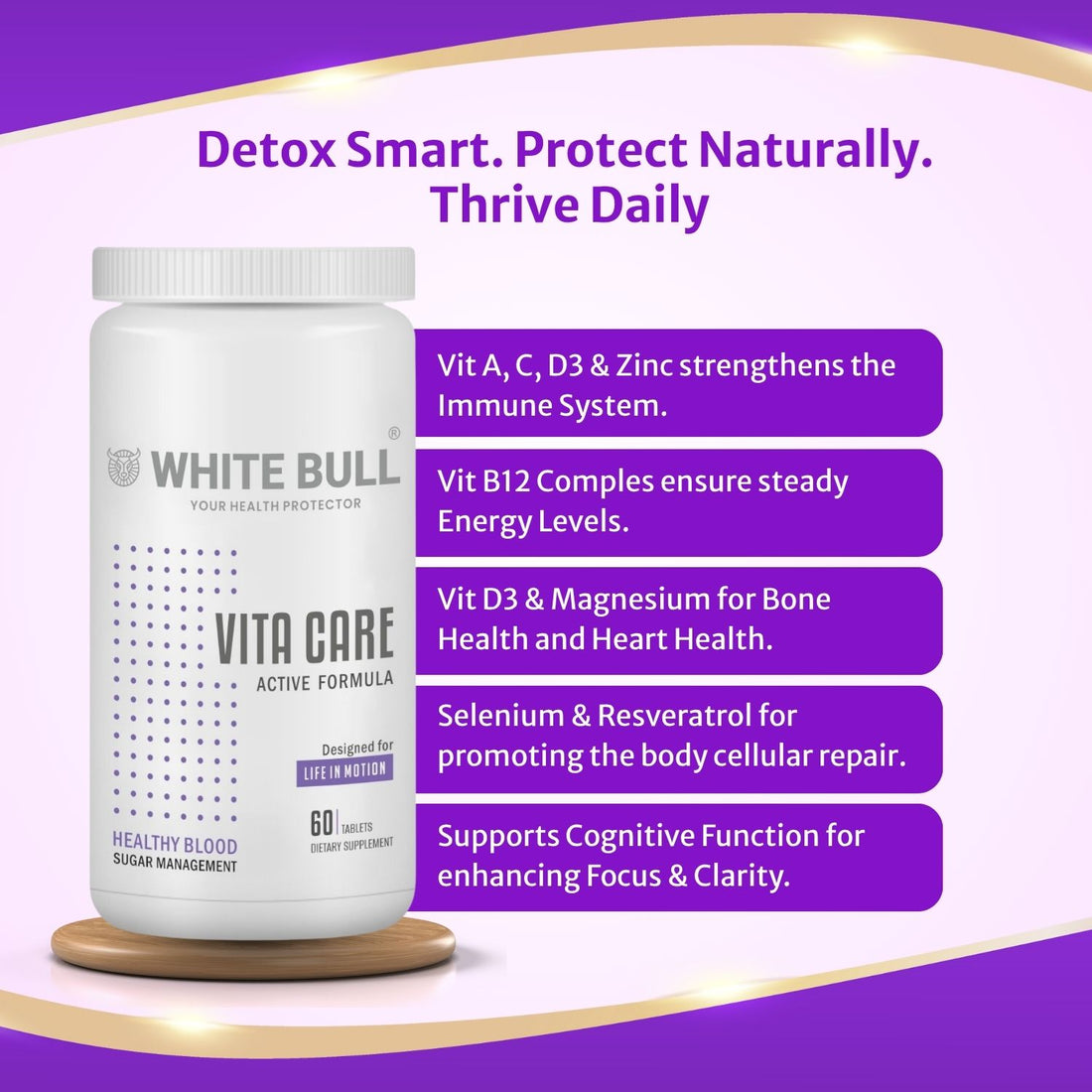 WHITE BULL Vita Care – Multivitamin for Diabetes Support | Enhances Insulin Production & Healthy Metabolism | With Essential Vitamins, Minerals & Antioxidants | 60 Tablets | Pack Of 1