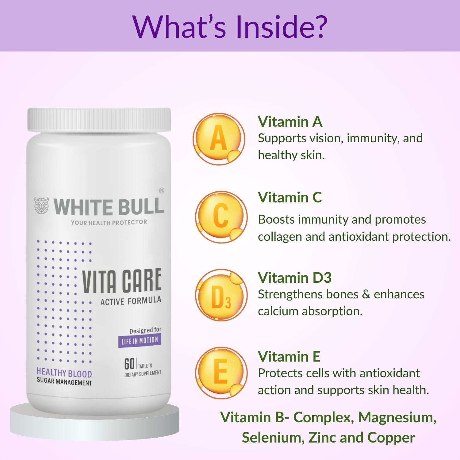 WHITE BULL Vita Care – Multivitamin for Diabetes Support | Enhances Insulin Production & Healthy Metabolism | With Essential Vitamins, Minerals & Antioxidants | 60 Tablets | Pack Of 1
