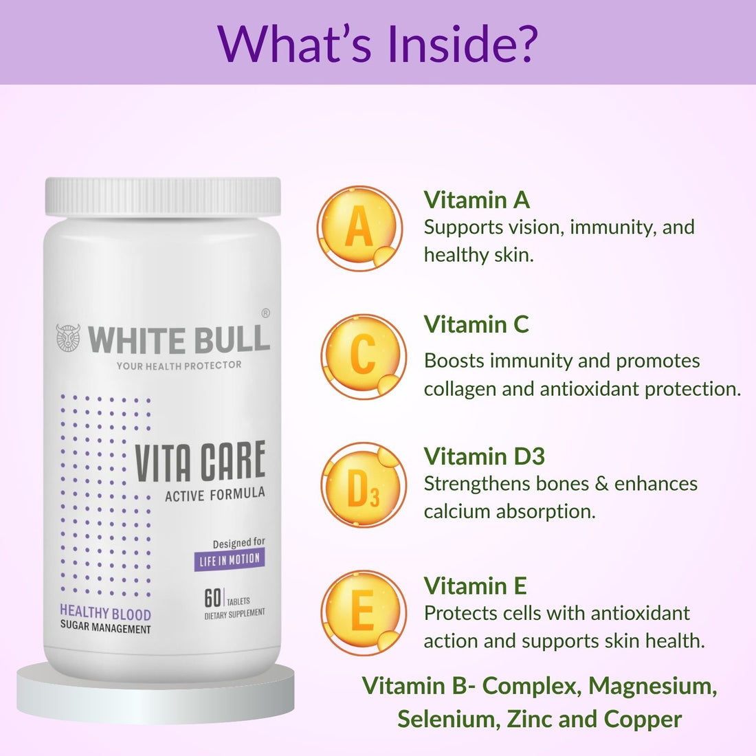 WHITE BULL Vita Care – Multivitamin for Diabetes Support | Enhances Insulin Production & Healthy Metabolism | With Essential Vitamins, Minerals & Antioxidants | 60 Tablets | Pack Of 1