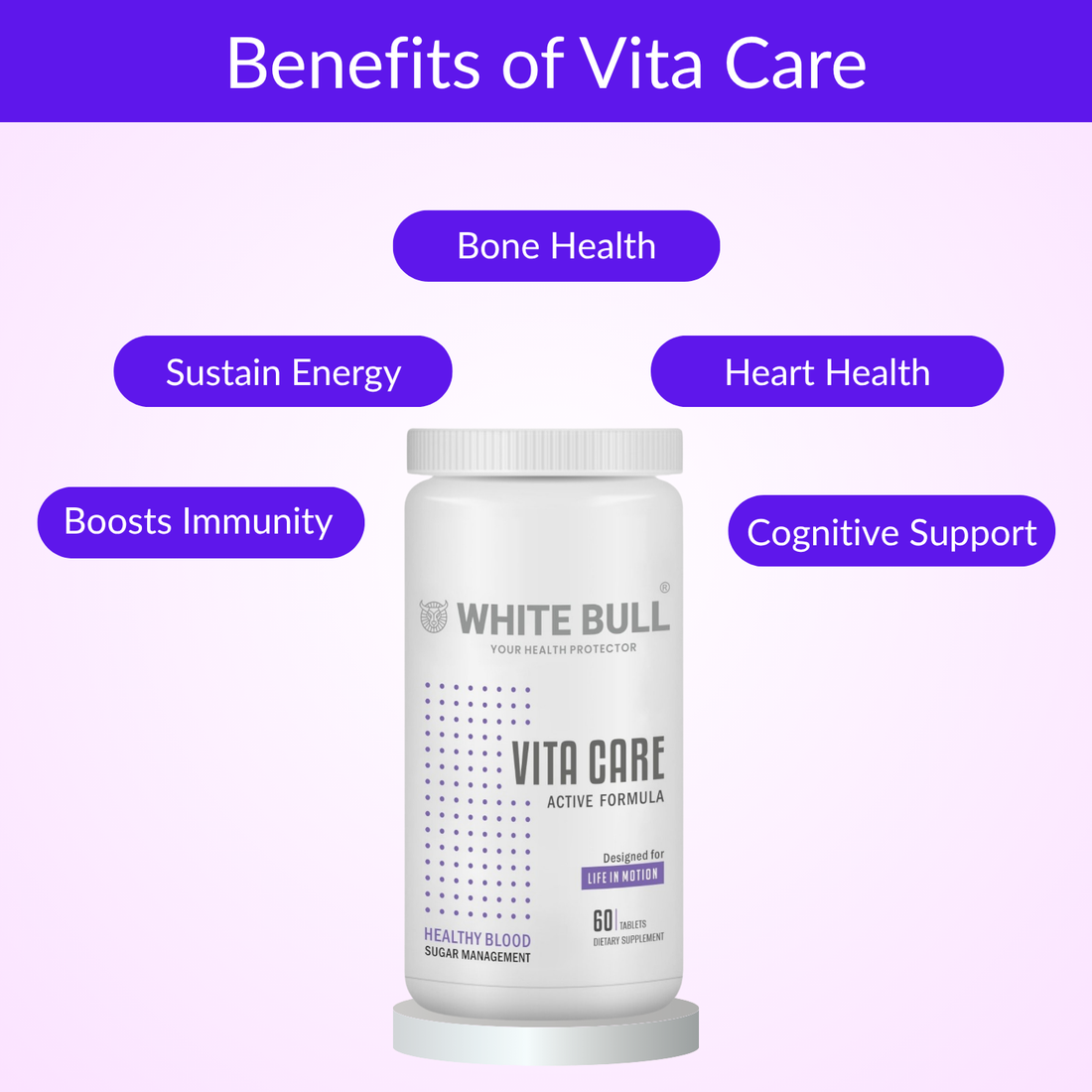 WHITE BULL Vita Care – Multivitamin for Diabetes Support | Enhances Insulin Production & Healthy Metabolism | With Essential Vitamins, Minerals & Antioxidants | 60 Tablets | Pack Of 1