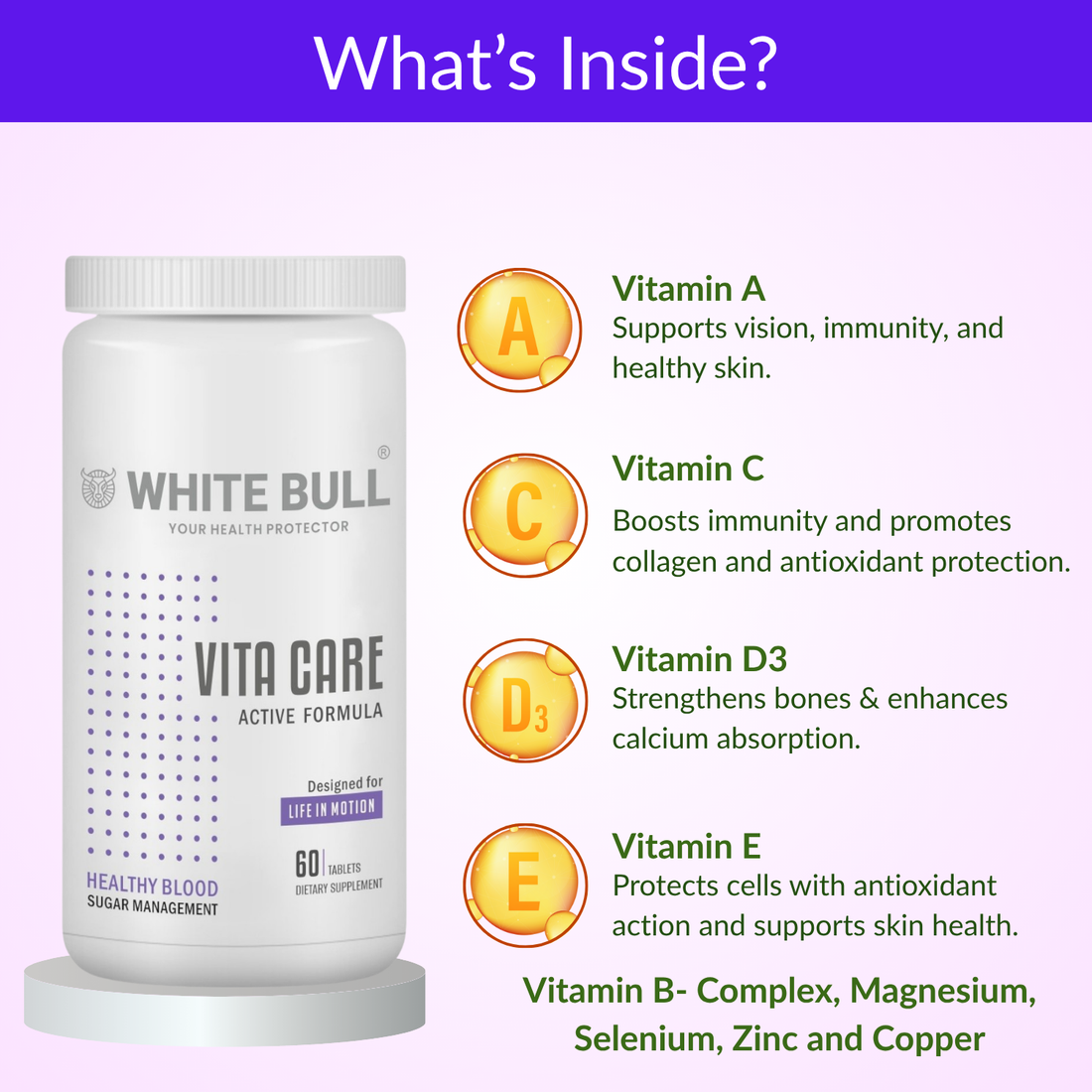 WHITE BULL Vita Care – Multivitamin for Diabetes Support | Enhances Insulin Production & Healthy Metabolism | With Essential Vitamins, Minerals & Antioxidants | 60 Tablets | Pack Of 1