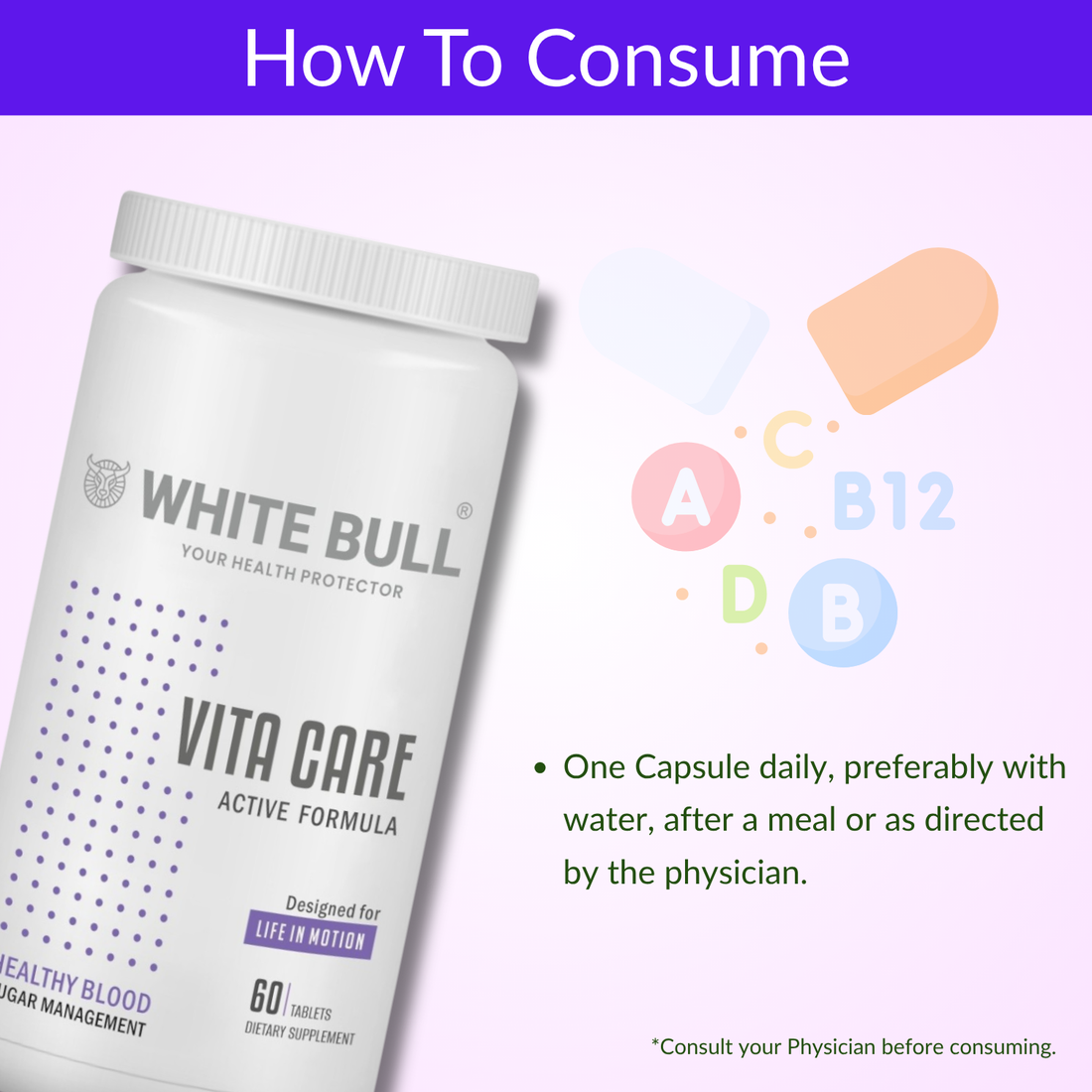 WHITE BULL Vita Care – Multivitamin for Diabetes Support | Enhances Insulin Production & Healthy Metabolism | With Essential Vitamins, Minerals & Antioxidants | 60 Tablets | Pack Of 1