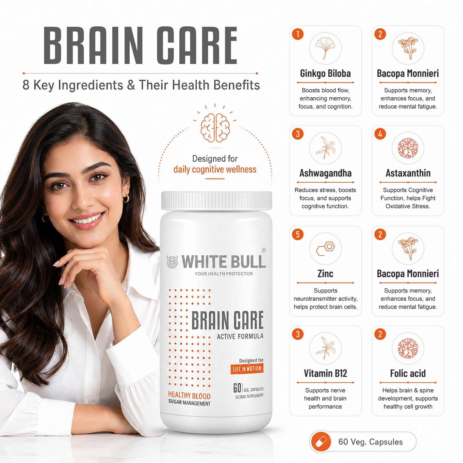 Brain Care | Herbal Brain Support Tablets for Memory Focus Cognitive Wellness With Ginkgo Biloba 1000mcg | Vegetarian Gluten & Paraben Free | 60 Capsules