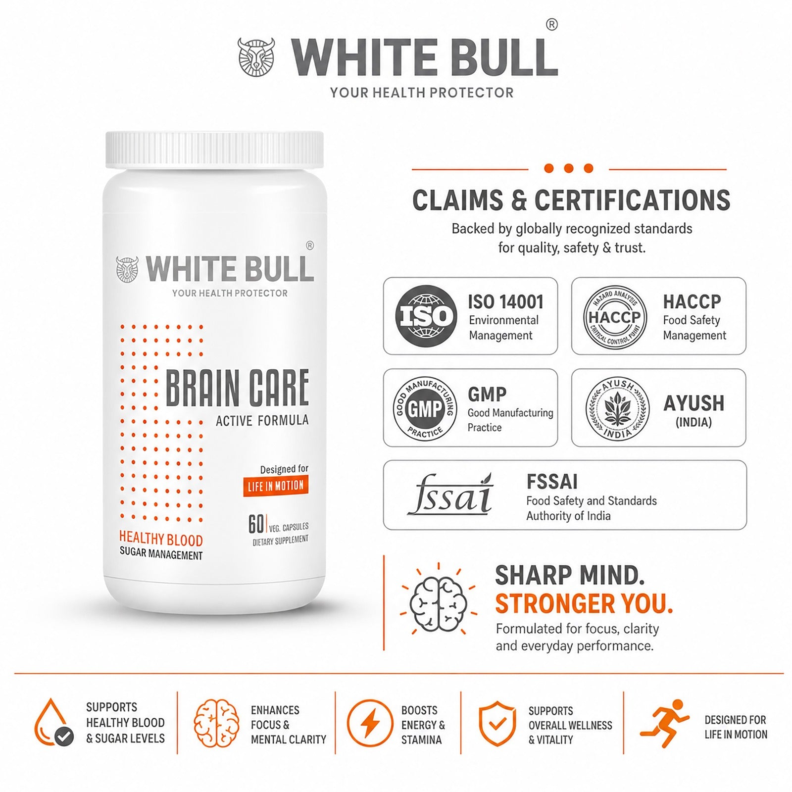 Brain Care | Herbal Brain Support Tablets for Memory Focus Cognitive Wellness With Ginkgo Biloba 1000mcg | Vegetarian Gluten & Paraben Free | 60 Capsules