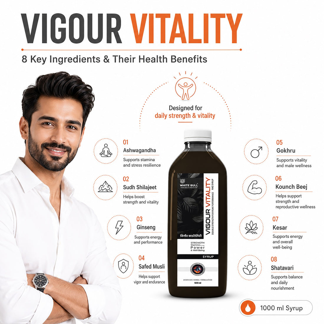 Vigour & Vitality Ras Syrup | Shilajit, Safed Museli and 9 Potent Ayurvedic Botanical Herbs | Enhances Physical performance & Stamina | 1 Lit