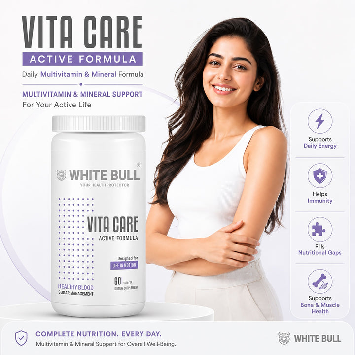 WHITE BULL Vita Care – Multivitamin for Diabetes Support | Enhances Insulin Production & Healthy Metabolism | With Essential Vitamins, Minerals & Antioxidants | 60 Tablets | Pack Of 1