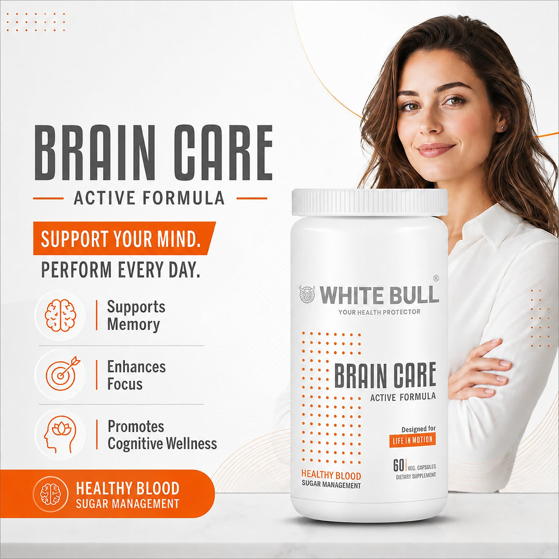 Brain Care | Herbal Brain Support Tablets for Memory Focus Cognitive Wellness With Ginkgo Biloba 1000mcg | Vegetarian Gluten & Paraben Free | 60 Capsules