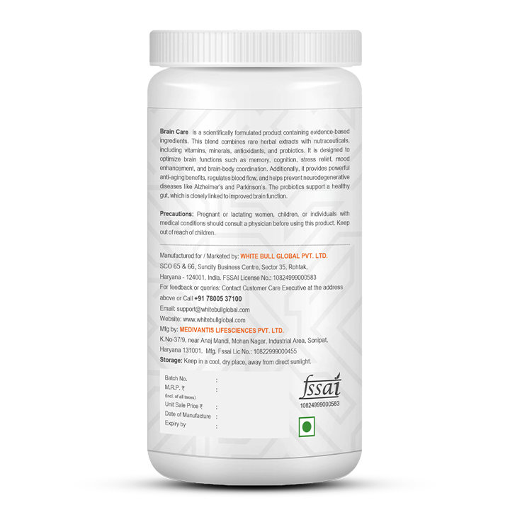 Brain Care | Herbal Brain Support Tablets for Memory Focus Cognitive Wellness With Ginkgo Biloba 1000mcg | Vegetarian Gluten & Paraben Free | 60 Capsules