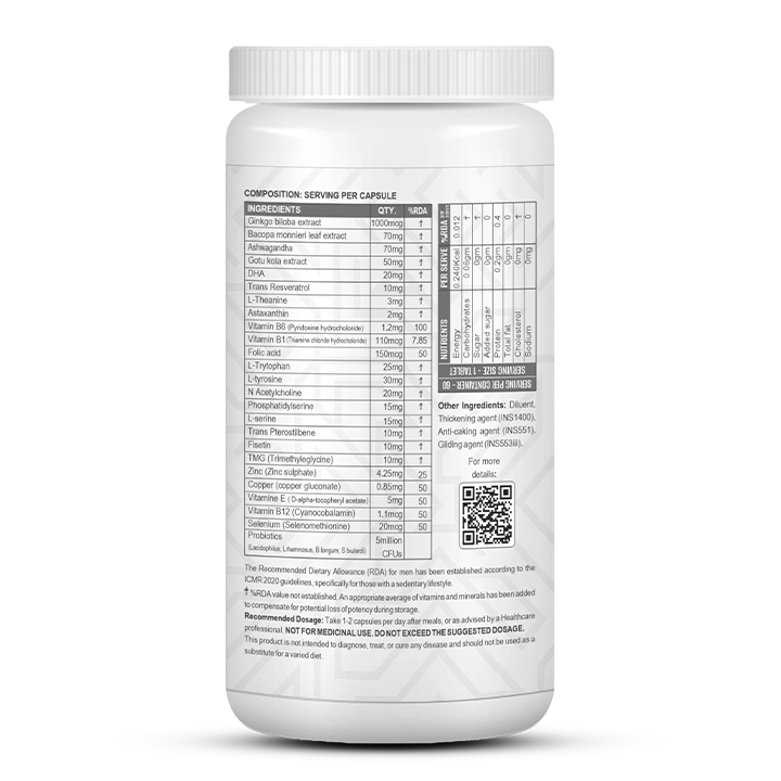 Brain Care | Herbal Brain Support Tablets for Memory Focus Cognitive Wellness With Ginkgo Biloba 1000mcg | Vegetarian Gluten & Paraben Free | 60 Capsules
