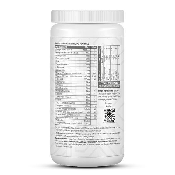 Brain Care | Herbal Brain Support Tablets for Memory Focus Cognitive Wellness With Ginkgo Biloba 1000mcg | Vegetarian Gluten & Paraben Free | 60 Capsules