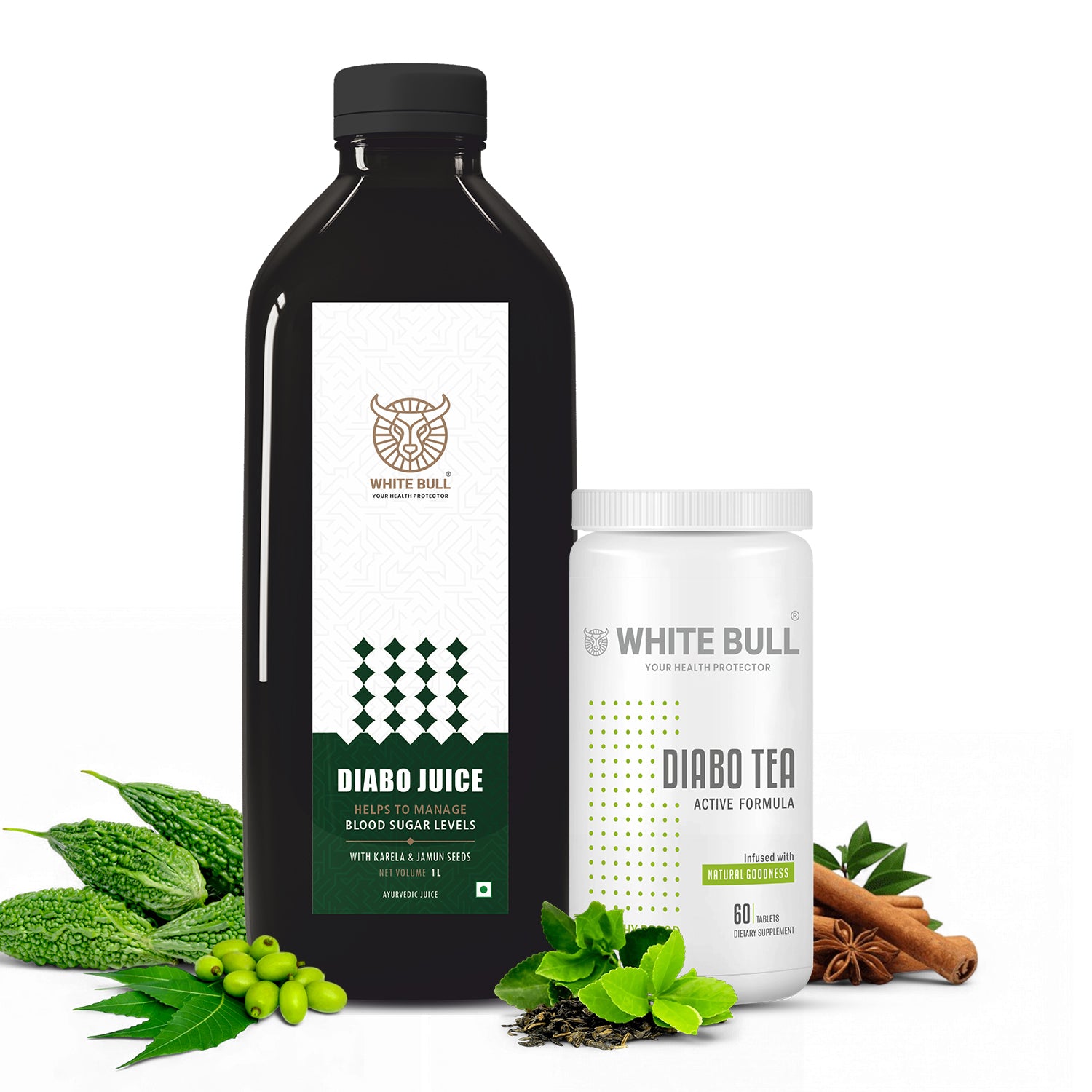 White Bull Diabo Tea (60 Tablets) and Diabo Juice(1L) Combo | Extract Blend for Diabetes Care | Supports Blood Sugar Balance & Metabolism | Vegan & Gluten-Free